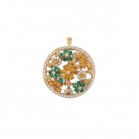 Yellow Gold Diamond and Multi-Gem Floral Pendant/Brooch